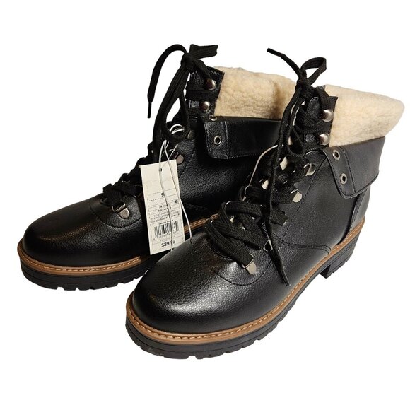 NWT Universal Thread Boots Womens 9.5 Karissa Black Lace Up Ankle Faux Sherpa - Picture 1 of 11